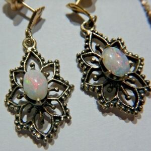 Vintage 1970s Filigree Opal Drop Earrings | Dainty Boho Chic Elegant Beautiful